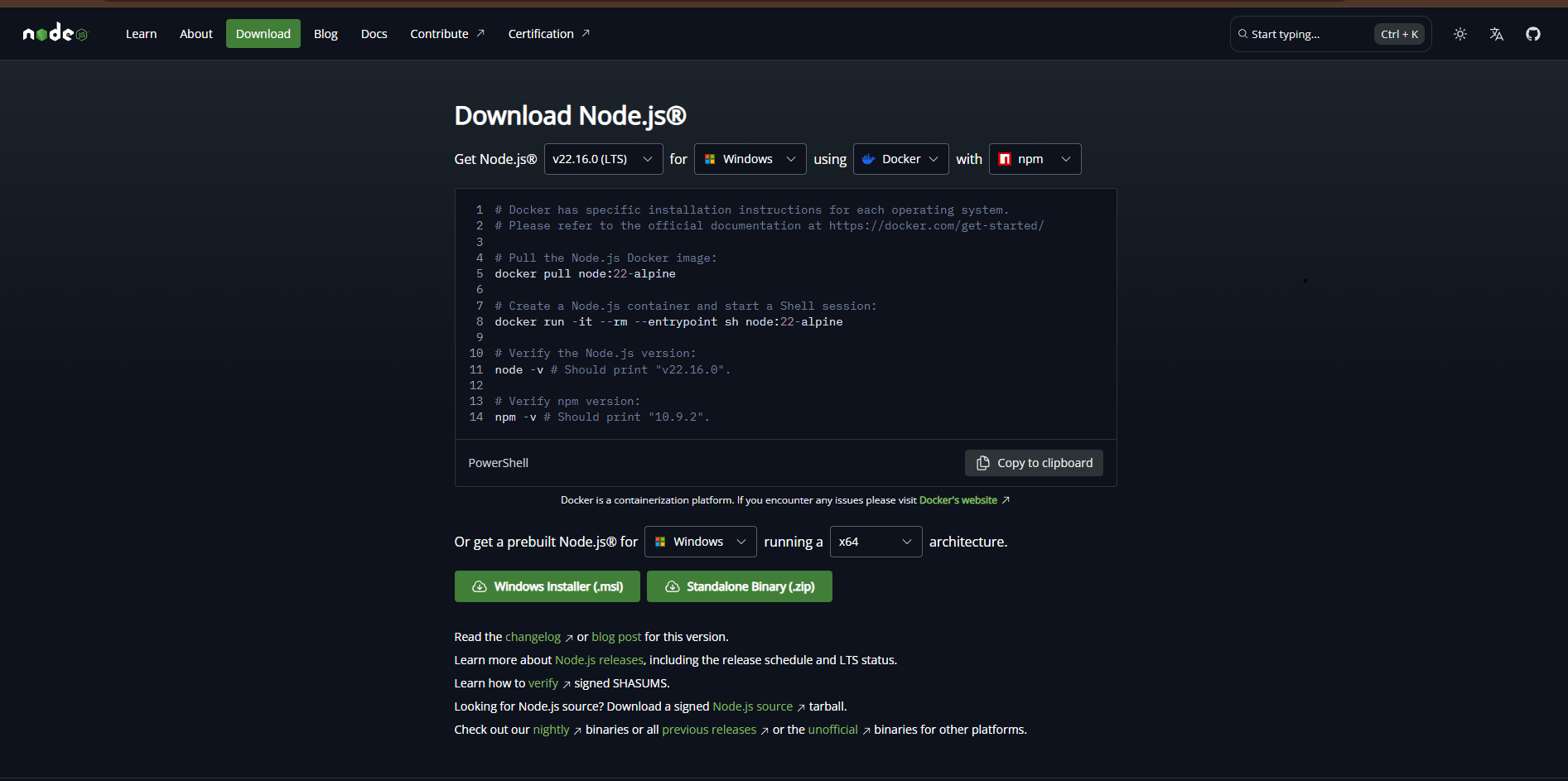 Node.js Official Download Page with LTS download highlighted