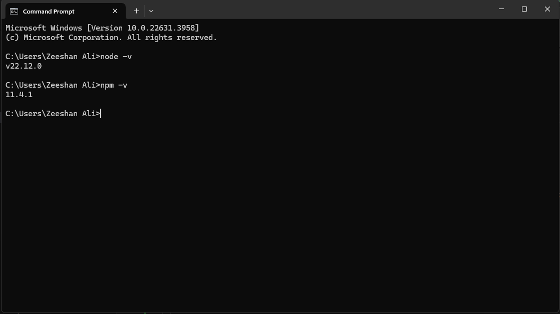 Terminal output showing Node.js and npm versions after successful installation