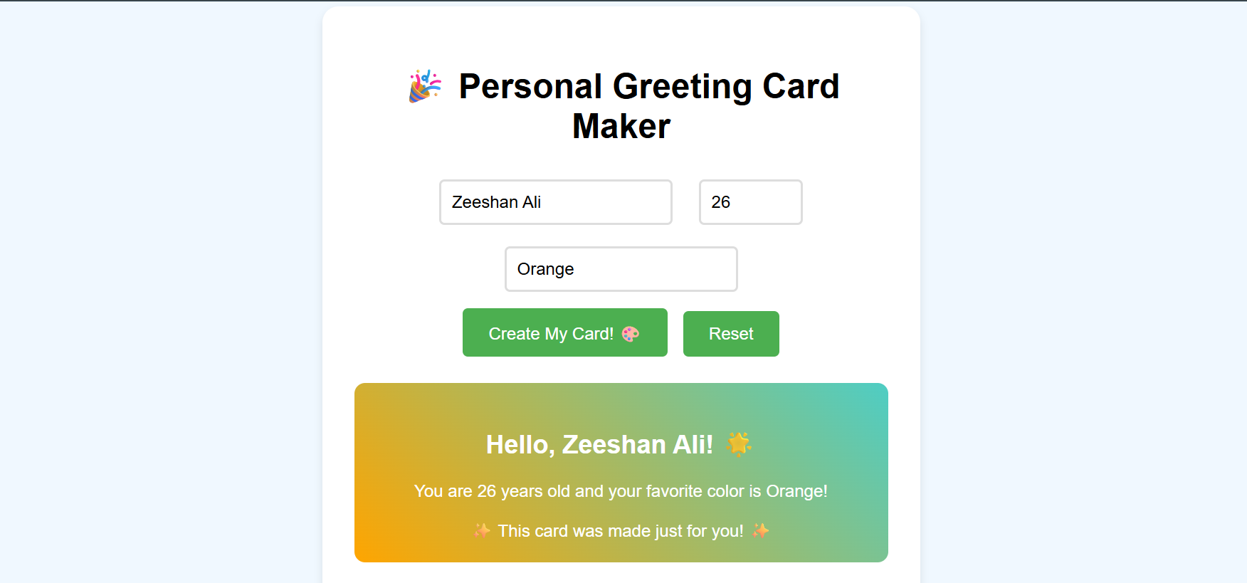 Personal Greeting Card HTML DOM Screenshot