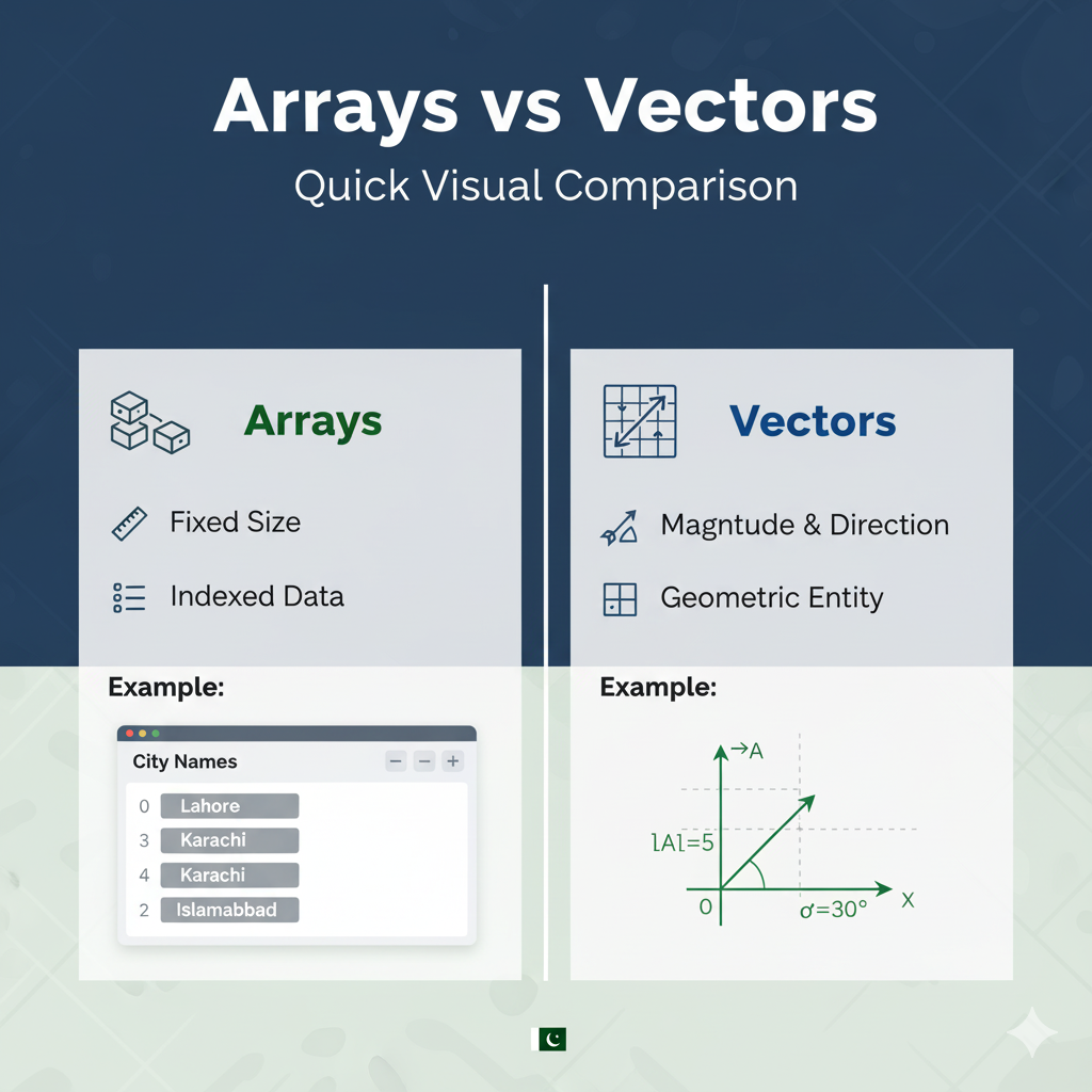 Visual comparison table showing arrays vs vectors with icons and examples