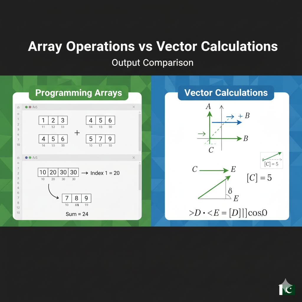 Output comparison showing array operations vs vector mathematical calculations