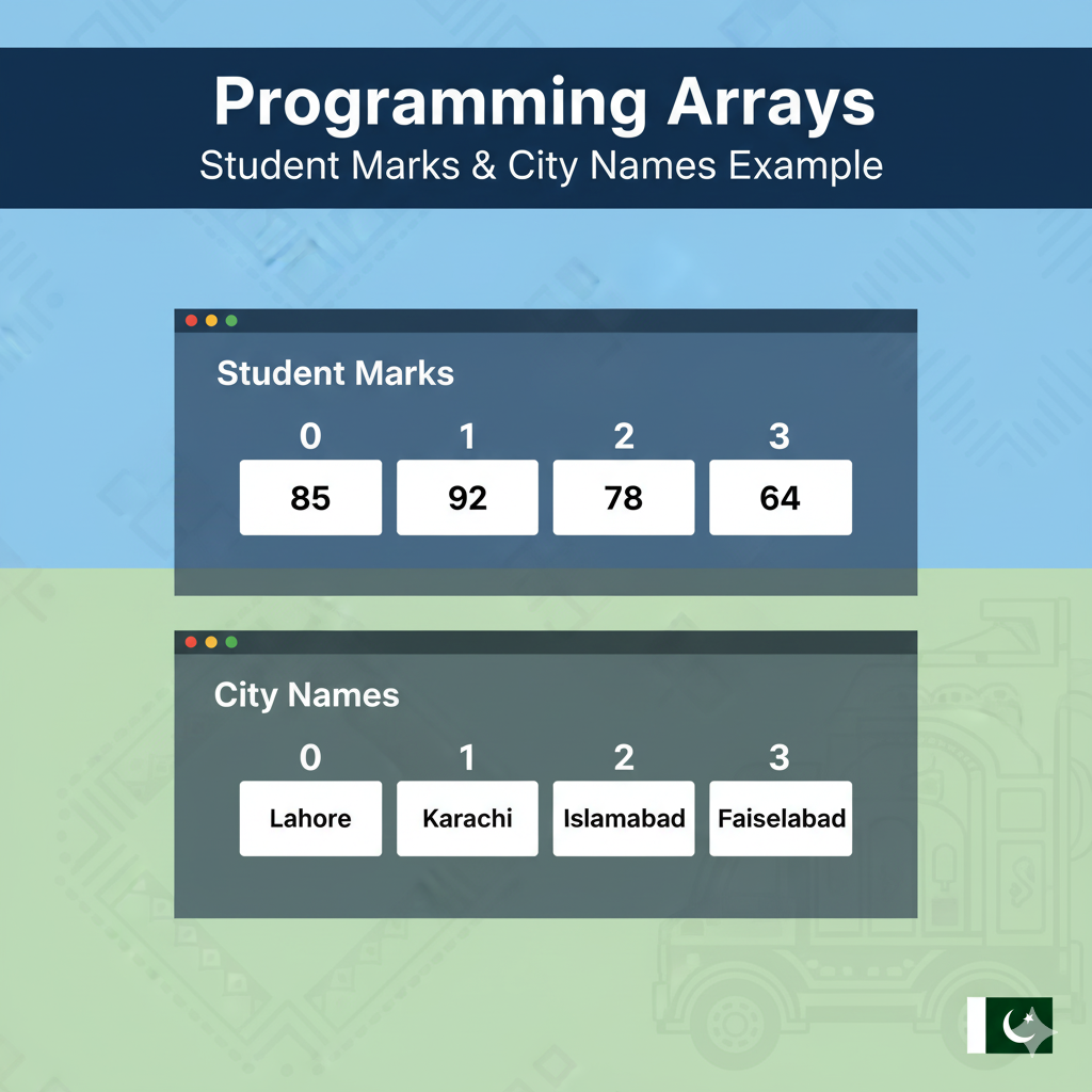Programming arrays showing student marks and city names with indices