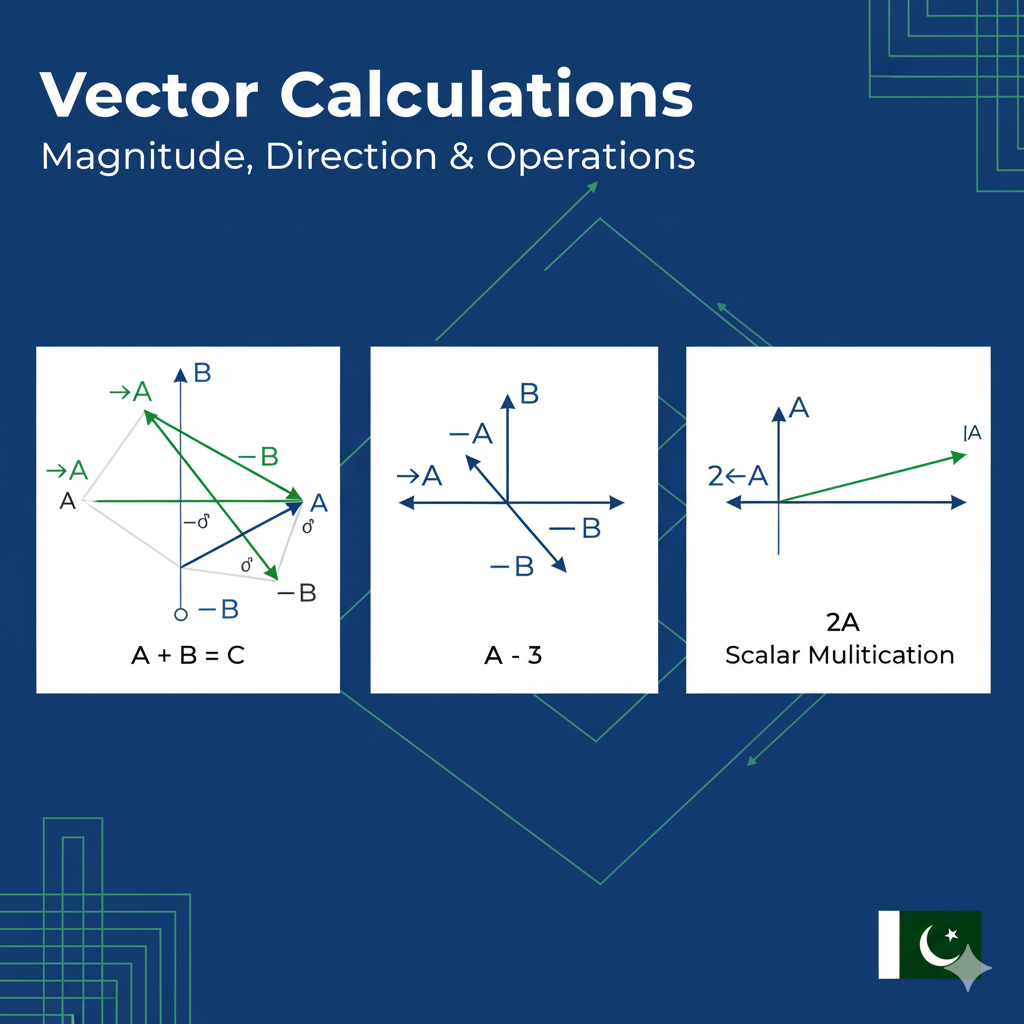 Vector calculations showing magnitude, direction, and mathematical operations from Pakistani textbooks