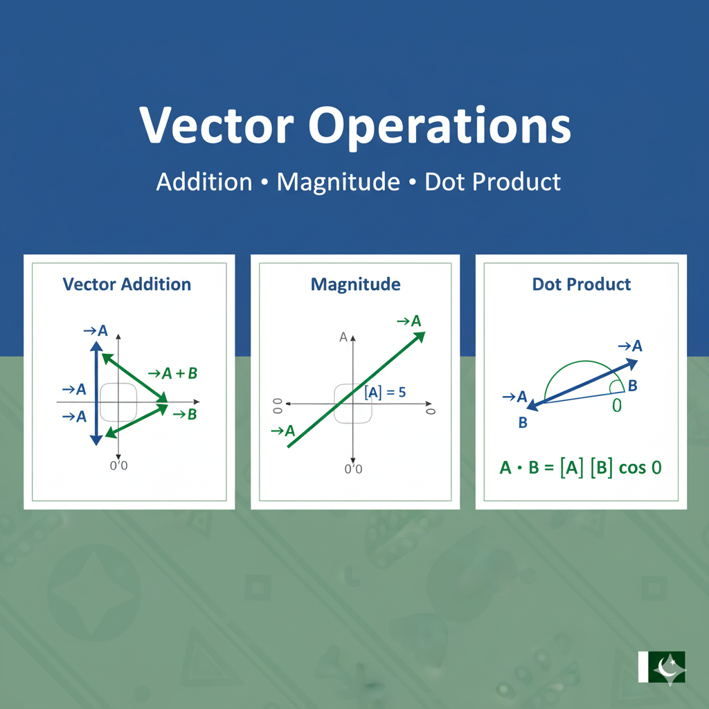 Vector operations showing addition, magnitude, and dot product with visual arrows
