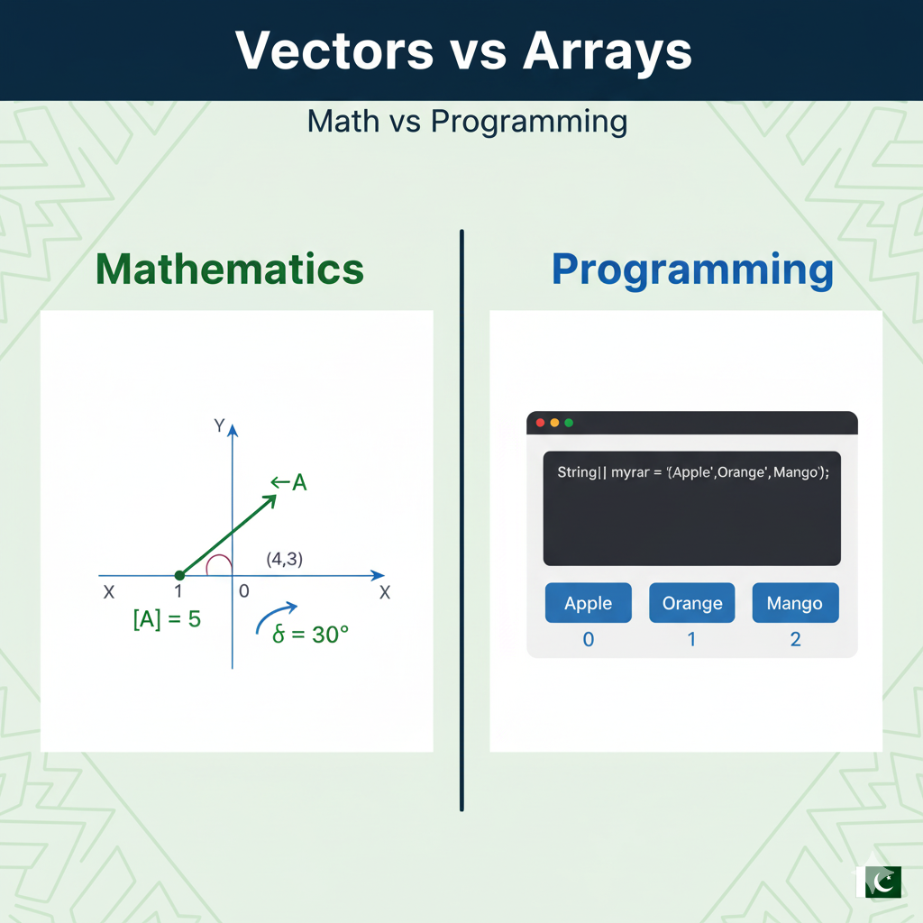 Side by side comparison showing Math vectors with arrows vs Programming arrays as data storage boxes