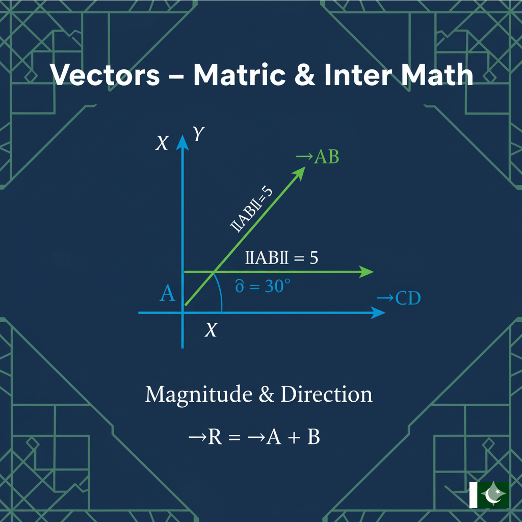 Vectors from Pakistani Matric and Inter Math textbooks showing arrows, magnitude and direction